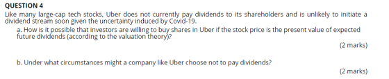 QUESTION 4 Like many large-cap tech stocks, Uber does not currently pay dividends to its shareholders and is unlikely to init