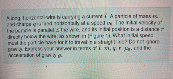 A long, horizontal wire is carrying a current 1. A particle of mass m and charge q is fired horizontally at a speed vo. The i