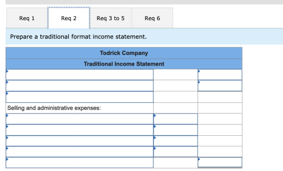 Req 1 Req 2 Req 3 to 5 Req 6 Prepare a traditional format income statement. Todrick Company Traditional Income Statement Sell
