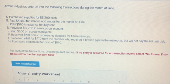 Arthur Industries entered into the following transactions during the month of June. A Purchased supplies for $5,200 cash. B.