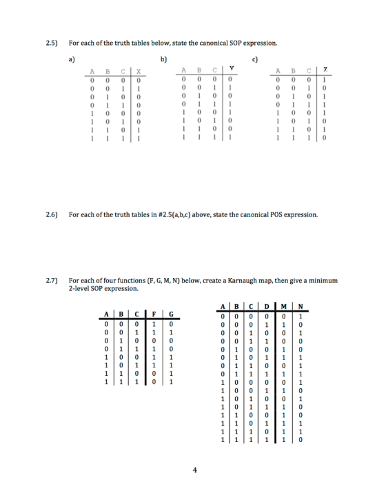 2.5) For each of the truth tables below, state the canonical SOP expression. a) b) c) BC 0 100 2.6) For each of the truth tab