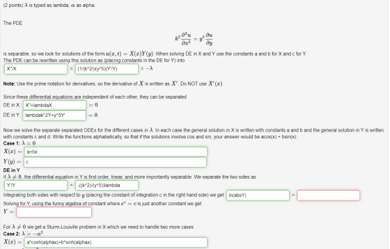 (2 points) is typed as lambda, a as alpha. The PDE a2u ar2 = yº ди ay is separable, so we look for solutions of the form u(x,
