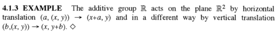 4.1.3 EXAMPLE The additive group R acts on the plane R2 by horizontal translation (a, (x, y)) → (r+a, y) and in a different w