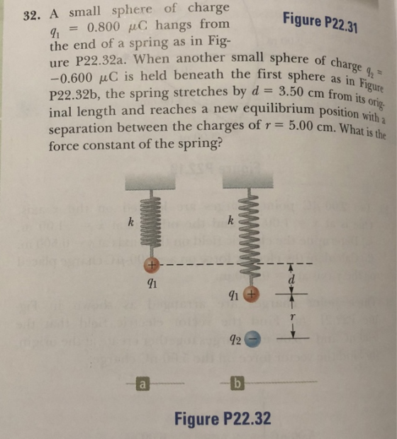 32. A small sphere of charge Figure P22.31 = 0.800 μ C hangs from the end oa When another sina irst sphere as ins re P22.32a. When another small sphere of ch -0.600 μC is held beneath the first sphere as inpy P22.32b, the spring stretches by d 3.50 cm from its inal length and reaches a new equilibrium position wi separation between the charges of r 5.00 force constant of the spring? as in Fi rom its o th a cm. What is the 91 1 42 Figure P22.32