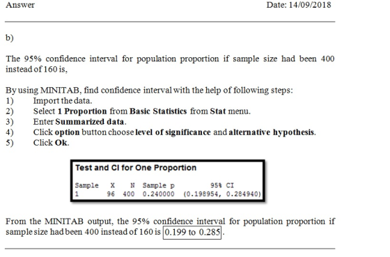 Answer Date: 14/09/2018 b) The 95% confidence interval for population proportion if sample size had been 400 instead of 160 is By using MINITAB, find confidence interval with the help of following steps 1) Import the data. 2) Select 1 Proportion from Basic Statistics from Stat menu. 3) Enter Summarized data. 4)Click option button choose level of significance and alternative hypothesis 5) Click Ok. Test and Cl for One Proportion Sample XN Sample p 95% CI 96 400 0.240000 (0.198954, 0.284940) From the MINITAB output, the 95% confidence interval for population proportion if sample size had been 400 instead of 160 is 0.199 to 0.285
