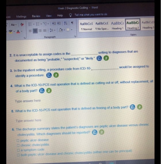 Week 2 Diagnostic Coding - Word ices Mailings Review View Help Tell me what you want to do AAE ETo 2T AaBbcc AaBbCct AaBbcAaB