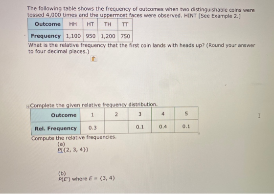 The following table shows the frequency of outcomes when two distinguishable coins were tossed 4,000 times and the uppermost