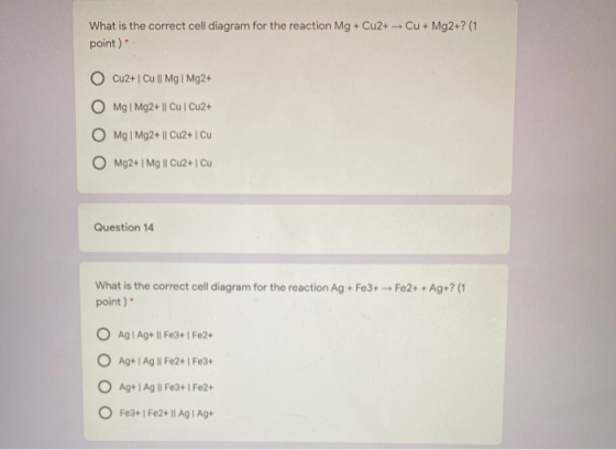What is the correct cell diagram for the reaction Mg + Cu2+ Cu + Mg2+? (1 point) Cu2+ Cu || Mg | Mg2+ Mg Mg2+ || Cu Cu2+ O Mg