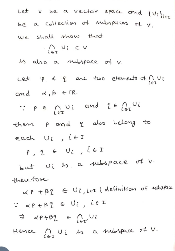 Let V be a vector space and {Vi}iti be Collection of subspaces of v. we shall show that nui cu ici also subspace es of v. Let