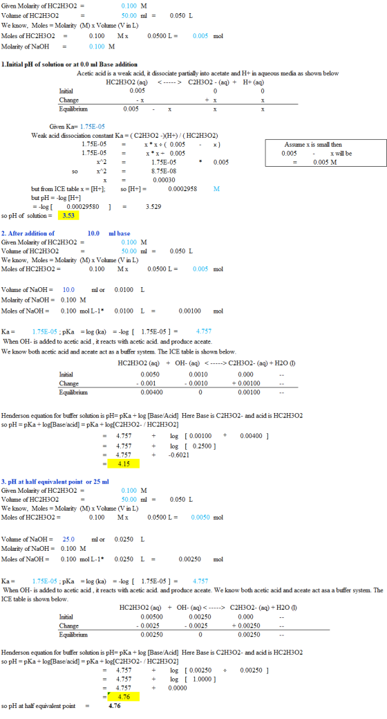 Given Molarity of HC2H302 = 0.100 M Volume of HC2H302 = 50.00 ml = 0.050 L We know, Moles = Molarity (M) x Volume (V in L) Mo