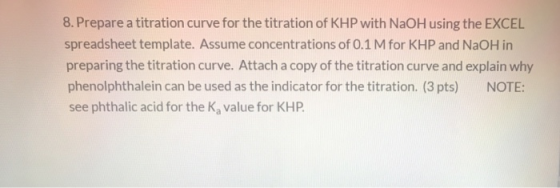 8. Prepare a titration curve for the titration of KHP with NaOH using the EXCEL spreadsheet template. Assume concentrations o