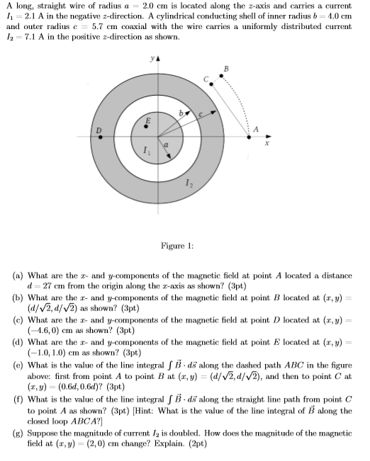 A long, straight wire of radius a = 2.0 cm is located along the z-axis and carries a current 2.1 A in the negative -direction