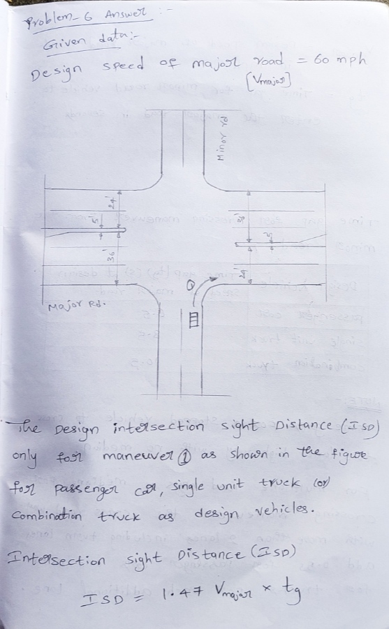 Problem - 6 Given Design Answer data; speed of major road = 60 mph Vnajour] Minor rol Major Rolo LIT The design intersection