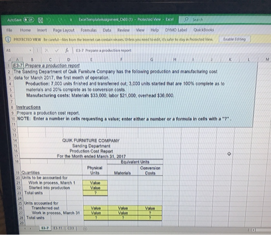 AutoSave OOD R E xcelTemplateAssignment Ch03 (1) Protected View Excel Search File Home Insert Page Layout Formulas Data Revie