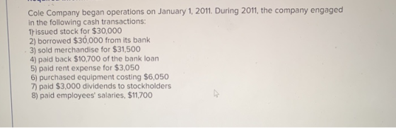 Cole Company began operations on January 1, 2011. During 2011, the company engaged in the following cash transactions: 1) iss