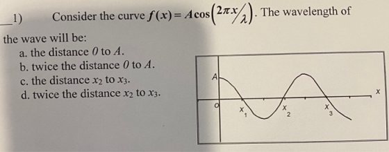 _1) Consider the curve f(x) = Acos(27x//). The wavelength of the wave will be: a. the distance 0 to A. b. twice the distance