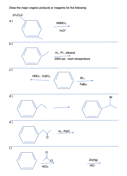 Draw the major organic products or reagents for the following: (H3C)3C a.) KMNO4 НО* H2, Pt, ethanol 2000 psi, room temperatu