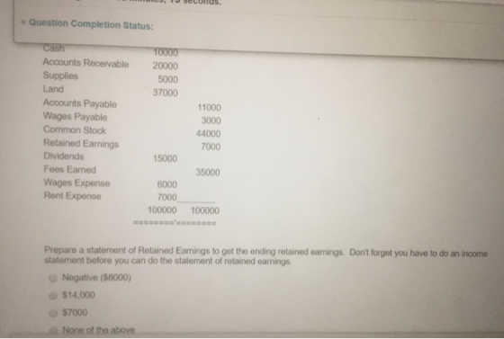 1 J , 13 Secunos, Question Completion Status: 10000 20000 5000 37000 Cash Accounts Receivable Supplies Land Accounts Payable
