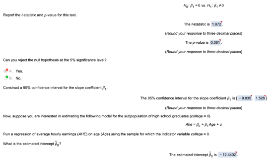 Ho: B1 = 0 vs. H: B, 70 Report the t-statistic and p-value for this test. The t-statistic is 1.872 (Round your response to th