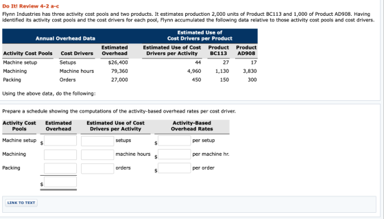 Do It! Review 4-2 a-c Flynn Industries has three activity cost pools and two products. It estimates production 2,000 units of