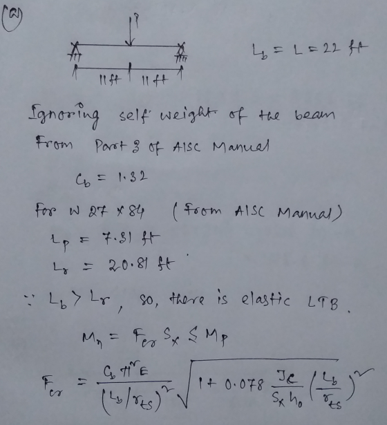 4 =1822 ft Ilft 11H Ignoring self weight of the beam from Part 3 of AISC Manual 6 = 1.32 For w 27 x 84 from AISC Manual) & 7.