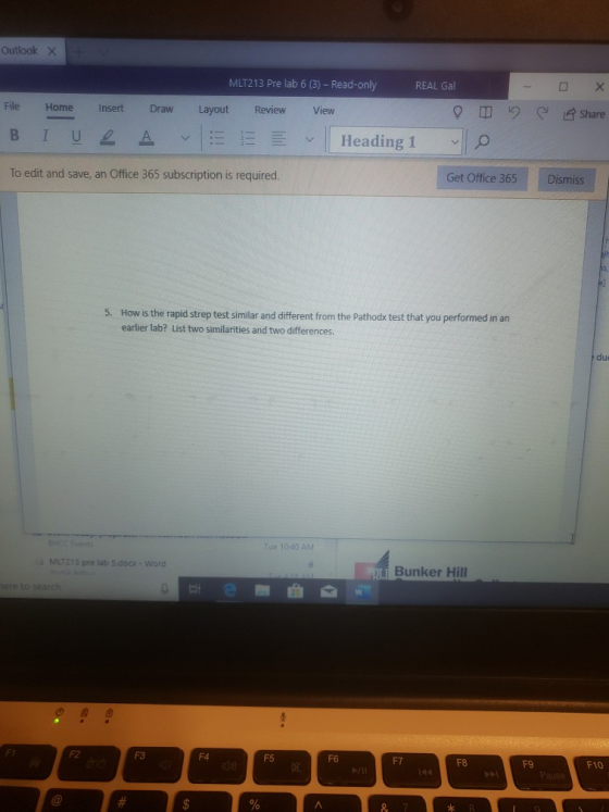 Outlook x Insert File Home BIU Share MLT213 Pre lab 6 (3) - Read-only REAL Gal Layout Review View D E Heading 1 Draw A o To e