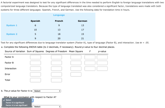 A factorial experiment was designed to test for any significant differences in the time needed to perform English to foreign
