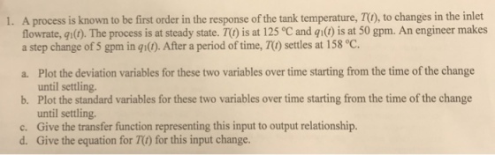 1. A process is known to be first order in the response of the tank temperature, TO, to changes in the inlet flowrate, gi(). The process is at steady state. T) is at 125 °C and gi) is at 50 gpm. An engineer makes a step change of 5 gpm in qi(0. After a period of time, TO) settles at 158 °C Plot the deviation variables for these two variables over time starting from the time of the change until settling. Plot the standard variables for these two variables over time starting from the time of the change until settling. Give the transfer function representing this input to output relationship. Give the equation for TC) for this input change. a. b. c. d.