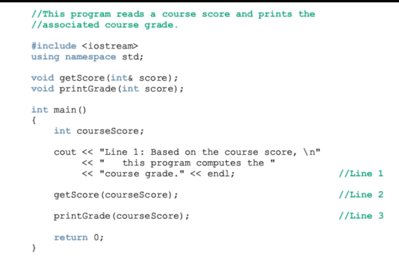 //This program reads a course score and prints the //associated course grade #include <iostream> using namespace std; void getScore (int& score); void printGrade (int score); int main () int courseScore; cout << Line 1 Based on the course score, n <<this program computes the <course grade. << endl; getScore (courseScore); printGrade (courseScore); return 0 //Line 1 //Line 2 //Line3