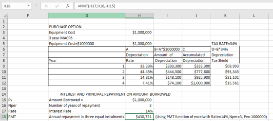 H18 - X for =PMT(H17,H16,-H15) $1,000,000 PURCHASE OPTION Equipment Cost 3 year MACRS Equipment Cost=$1000000 $1,000,000 Depr