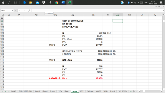 C W ENG 03:30 14-06-2020 25 Х AG98 ** X Formula Bar Z AA AB AC AD AE AF AG AH AI AJ 97 98 COST OF BORROWING BA II PLUS SET C/