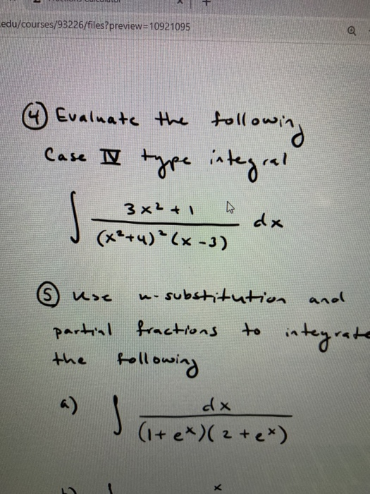 edu/courses/93226/files?preview=10921095 4 Evaluate the following Case II type integral Jox ③ ure partial the no substitution