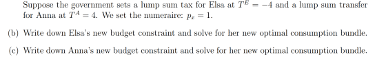 Suppose the government sets a lump sum tax for Elsa at TE = -4 and a lump sum transfer for Anna at TA = 4. We set the numerai