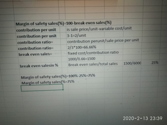 Margin of safety sales(%) -100-break even sales(%) contribution per unit is sale price/unit-variable cost/unit contribution p