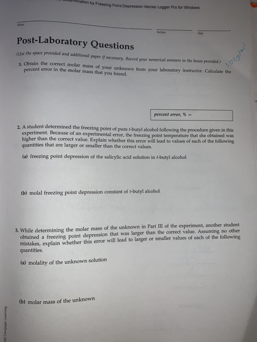 hation by Freezing Point Depression Vernier Logger Pro for Windows Section Post-Laboratory Questions (Use the space provided
