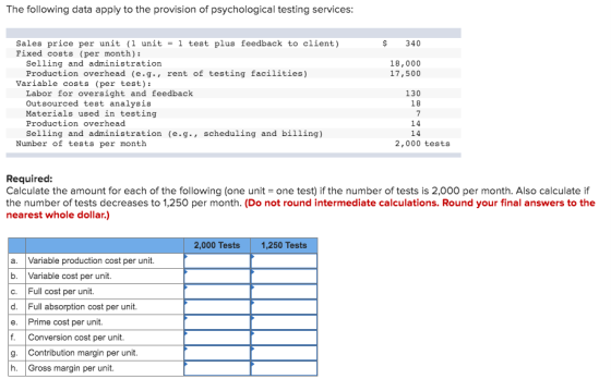 The following data apply to the provision of psychological testing services: Sales price per unit (1 unit = 1 test plus feedb