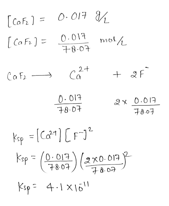 [cafe ] = 0.017 r. [CaF2] = 0.017 mol/ 78.07 Cafe - 02+ + af 0.017 78.07 2 x 0.017 78.07 - ksp = [Ca2+] [F-7² Kop = (67007) (