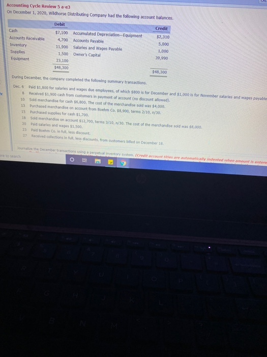 Accounting Cycle Review 5 a-e3 On December 1, 2020, Wildhorse Distributing Company had the following account balances. Debit