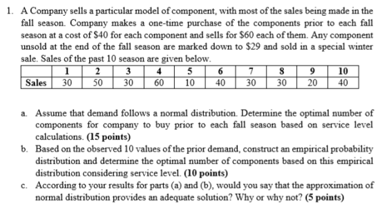1. A Company sells a particular model of component, with most of the sales being made in the fall season. Company makes a one