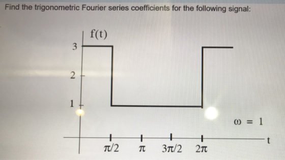 Find the trigonometric Fourier series coefficients for the following signal: f(t) 00 = 1 T/2 T 37/2 271