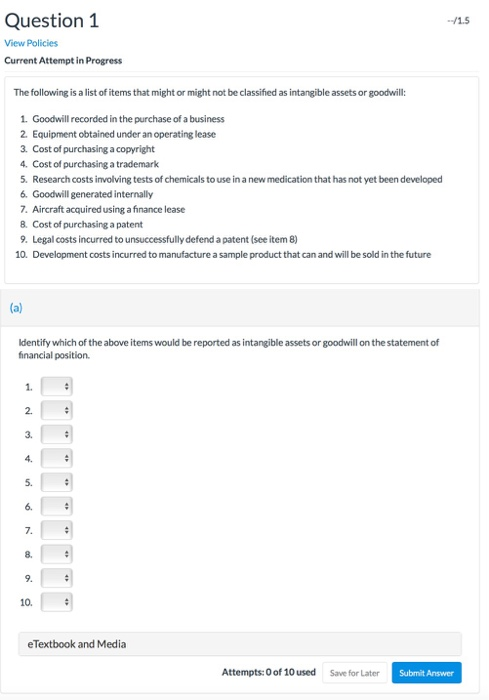 Question 1 /15 View Policies Current Attempt in Progress The following is a list of items that might or might not be classifi