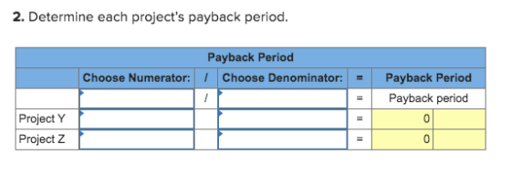 2. Determine each projects payback period. Payback Period Choose Numerator: Choose Denominator: Payback Period Payback perio