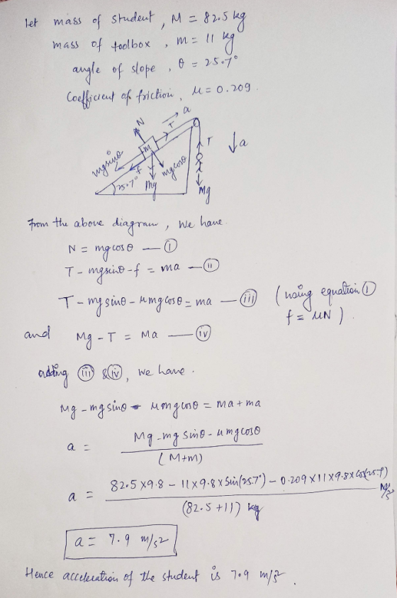 let mass of student, M = 82.5 kg mass of toolbox , m= 11 kg angle of slope , 0 = 25070 Coefficient of friction, M = 0.209 Na