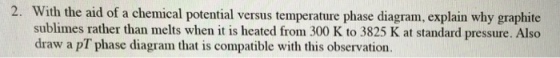 2. With the aid of a chemical potential versus temperature phase diagram, explain why graphite sublimes rather than melts when it is heated from 300 K to 3825 K at standard pressure. Also draw a pT phase diagram that is compatible with this observation.