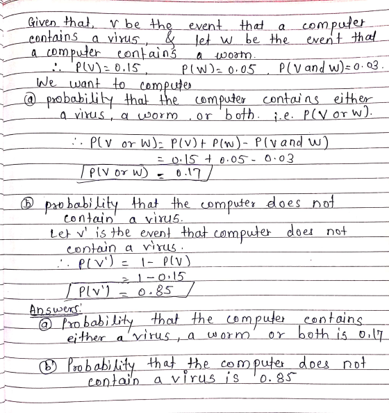 computer Given that v be the V be the event that contains a virus, & let w be the event that a computer contain a worm :. Plu