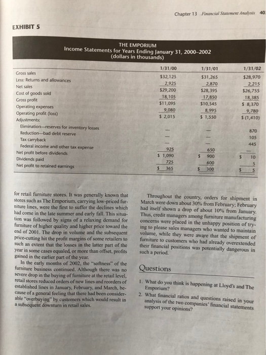 Chapter 13 Financial Statement is 40 EXHIBIT 5 THE EMPORIUM Income Statements for Years Ending January 31, 2000-2002 (dollars