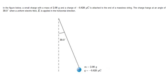 In the figure below, a small charge with a mass of 2.00 g and a charge of-0.820 μC is attached to the end of a massless string. The charge hangs at an angle of 30.0° when a uniform electric field, E, is applied in the horizontal direction. 30.0° m 2.00 g