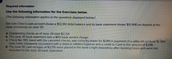 Required information Use the following information for the Exercises below. [The following information applies to the questio