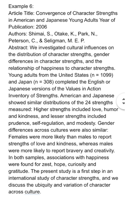 Example 6: Article Title: Convergence of Character Strengths in American and Japanese Young Adults Year of Publication: 2006