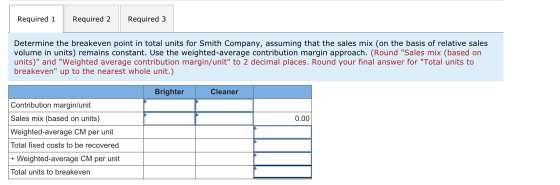 Required 1 Required 2 Required 3 Determine the breakeven point in total units for Smith Company, assuming that the sales mix